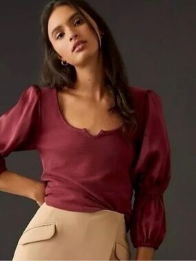 Anthropologie Burgundy Puff-Sleeve Scoop Neck Top